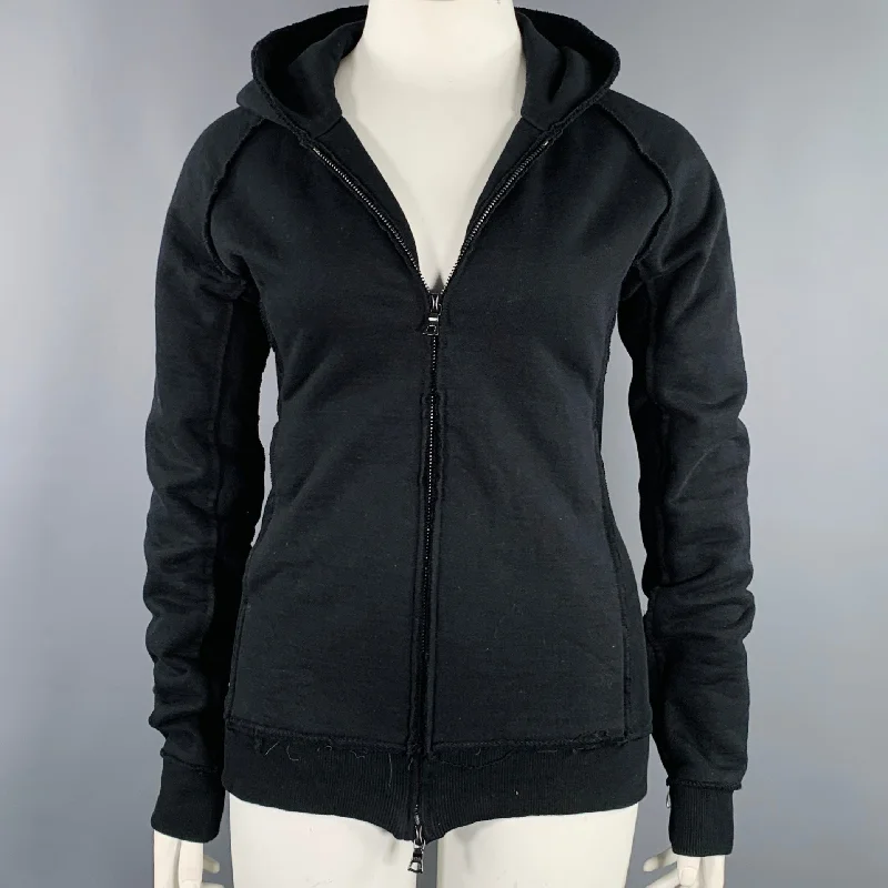 WJK Size L Black Cotton Raw Edge Zip Up Hoodie Hoodie with Button Placket Classic Preppy
