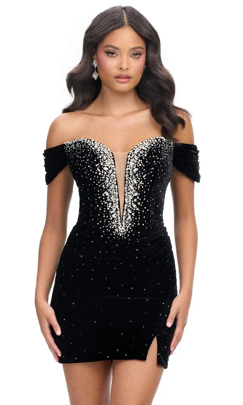 Ashley Lauren 4711 - Rhinestone Off-Shoulder Cocktail Dress Tunics Versatile all-occasion