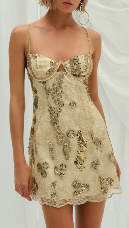 Opal Mini Dress - Gold Elegant Mini Dress with Pleats