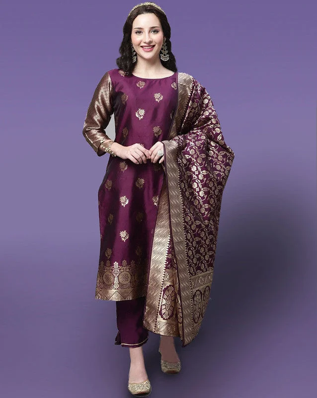 Malishka Women's Silk Jacquard Floral Purple Kurta Pant Set With Dupatta Trendy Work Pants