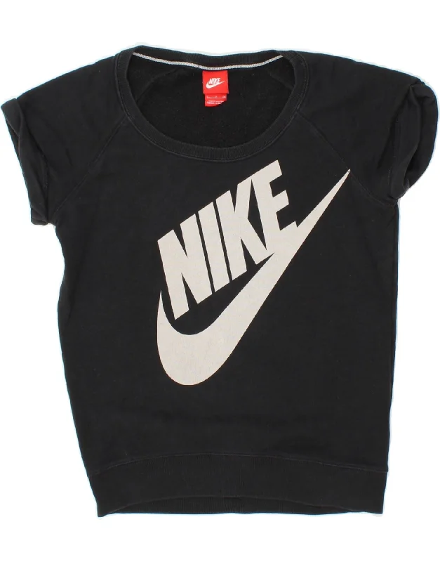 NIKE Womens Graphic Short Sleeve Sweatshirt Jumper UK 10 Small Black Hoodie with Oversized Fit Loose Comfortable