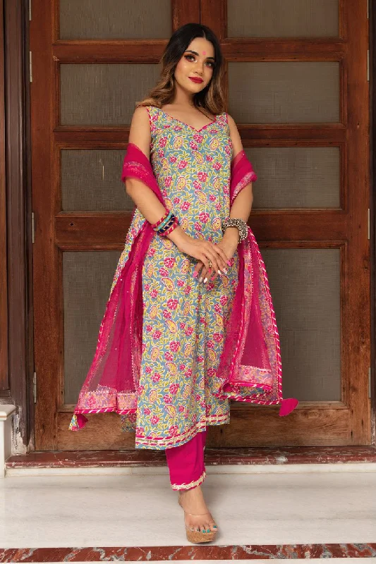 Women's Floral Printed Knee Length V Neck Sleeveless Kurti And Pant Set With Dupatta - Modestouze Attires Comfortable Cargo Pants