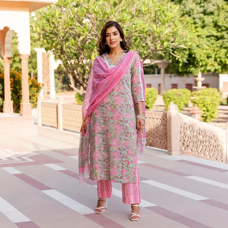 Women's Pink Cotton Floral Printed Kurta And Pant Set With Dupatta - Malishka Export Formal Slim Pants