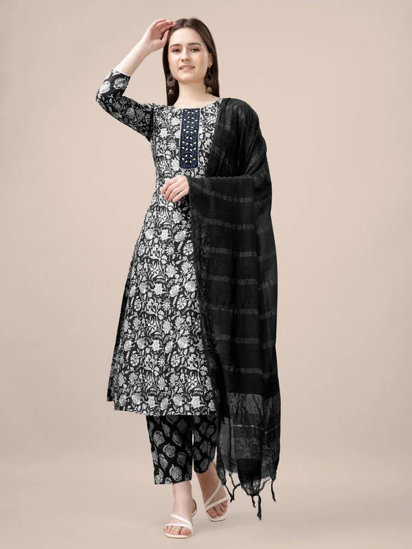 Malishka Women's Embroidered & Printed Black Rayon Kurta Pant Set Stylish Slim Trousers