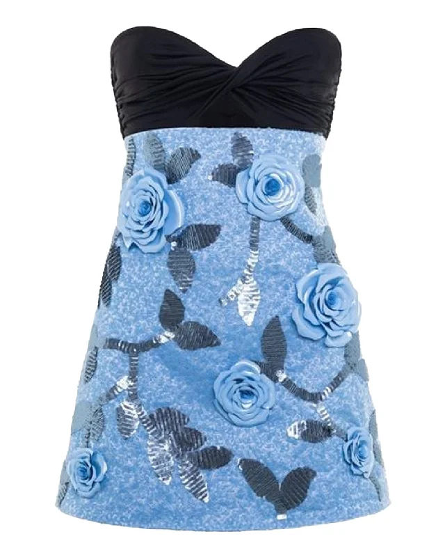 Light Blue & Black Twisted Top Mini Dress Elegant Lace Mini Dress