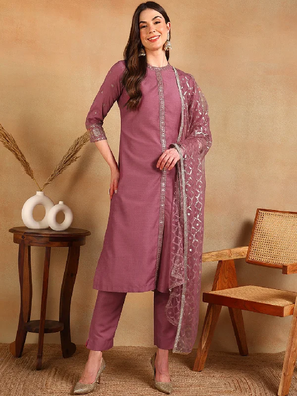 Women's Pink Silk Blend Embroidered Straight Kurta Pant Set With Dupatta - Ahika Comfy Zip-Up Pants