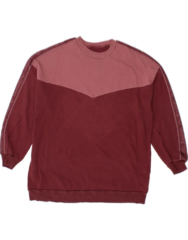 KAPPA Womens Graphic Sweatshirt Jumper UK 16 Large Maroon Colourblock Hoodie with Rolled Sleeves Casual Relaxed