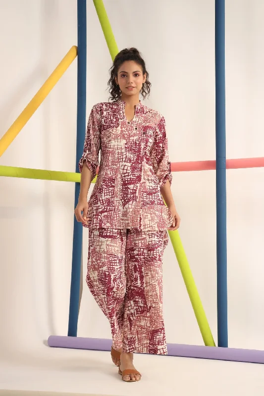 Women's Maroon Mandrain Collar Kurta And Pant Set - Alvami Slim-Fit Khaki Pants
