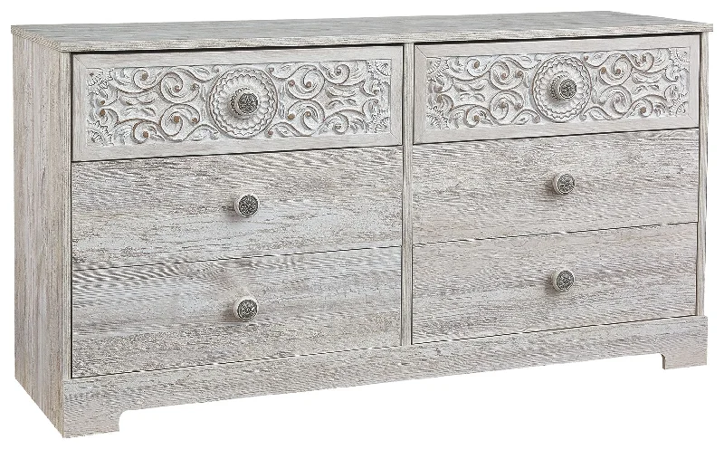 Paxberry - Whitewash - Six Drawer Dresser - Vinyl-Wrapped sweetheart Neckline Romantic