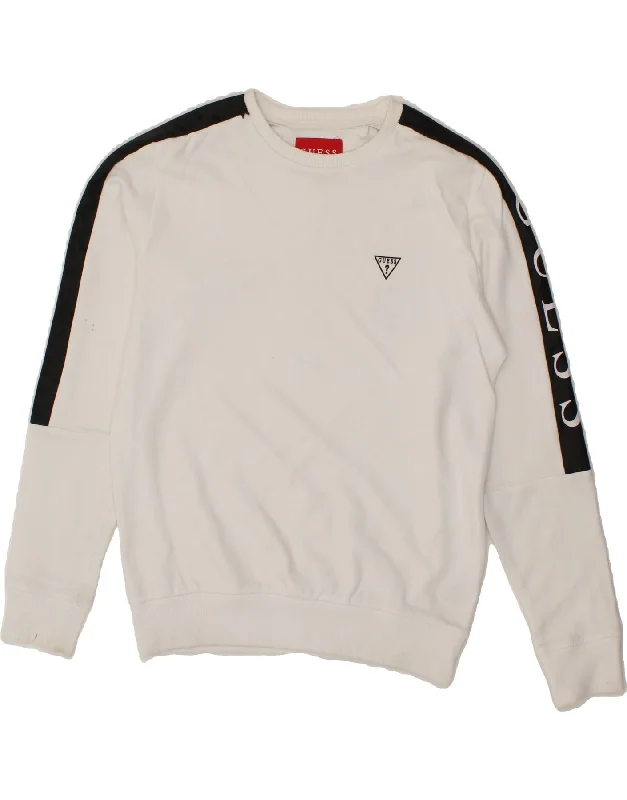 GUESS Womens Graphic Sweatshirt Jumper UK 6 XS White Colourblock Hoodie with Neon Bright Vibrant