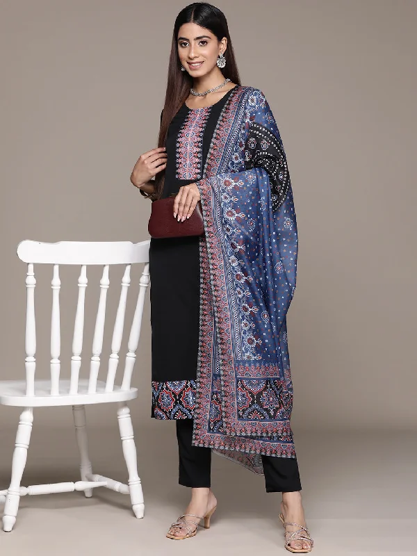 Women's Black Crepe Straight Kurta, Pant And Dupatta Set - Ziyaa Formal Stretch Pants
