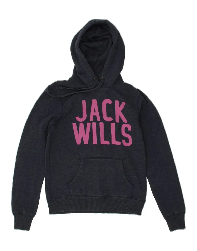 JACK WILLS Womens Graphic Hoodie Jumper UK 12 Medium Navy Blue Cotton Hoodie with Hem Detail Decorative Unique