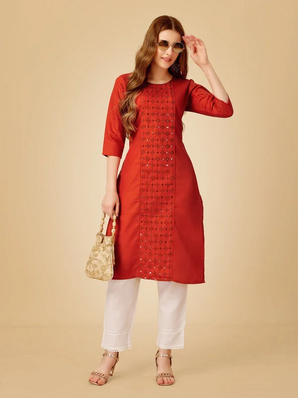 Women's Rust Cotton Blend Embroidered Kurta Pant Set - Jyoti Fashion Stylish Paperbag Waist Pants