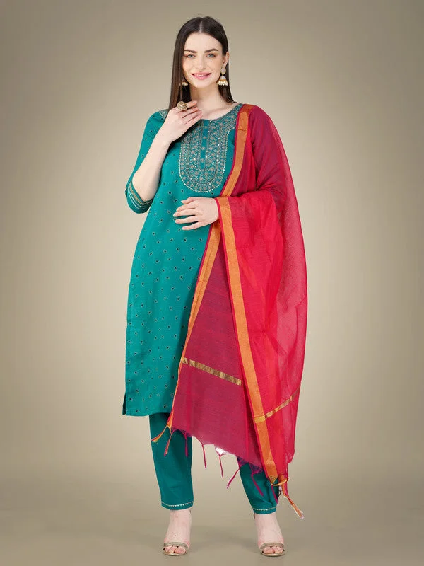 Women's Embroidered Cotton Blend Kurta Pant Dupatta Set - Malishka Export Modern Skinny Pants