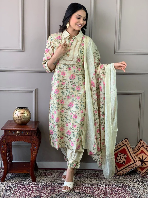 Women's Yellow Cotton Digital Printed Kurta Pant Set With Dupatta - N For Nari Formal Slim Pants