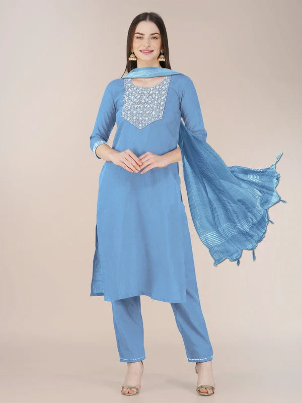 Malishka Women's Embroidered Sky Blue Cotton Blend Kurta Pant Set Comfortable Jogging Pants