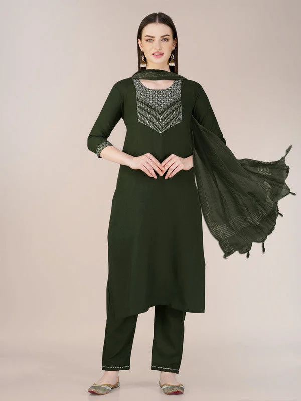 Malishka Women's Embroidered Mehendi Cotton Blend Kurta Pant Set Modern Stretch Trousers