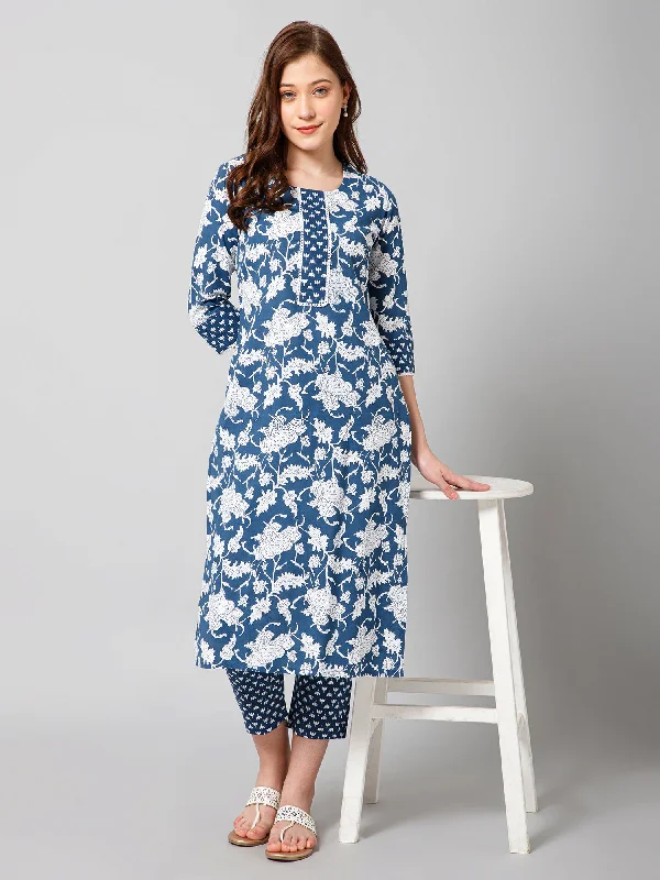 Women's Navy Blue Poly Cotton Kurti With Pant - Dwija Fashion Elegant Silk Pants