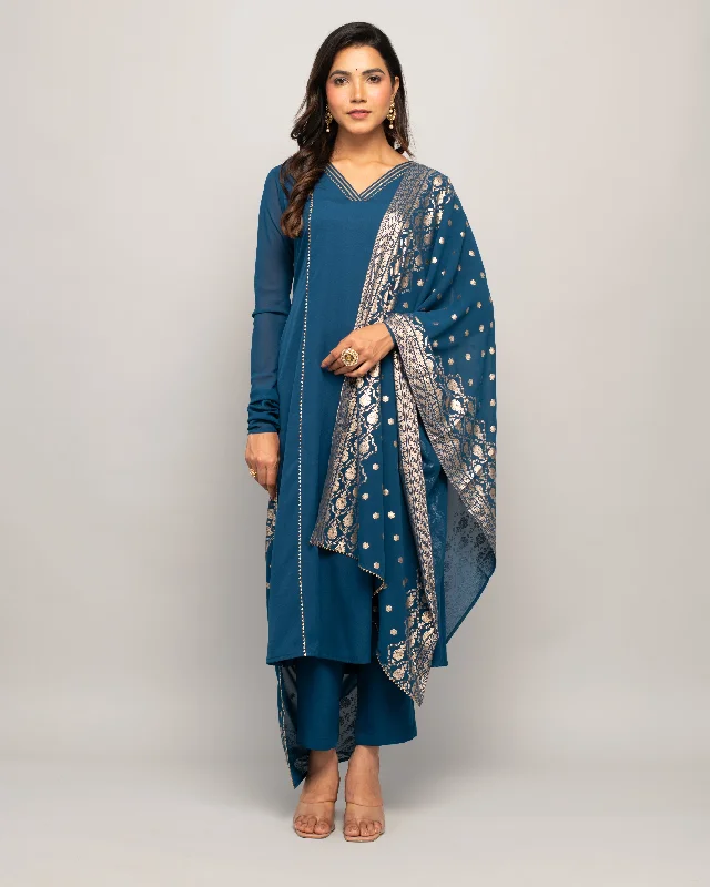 Women's Teal Blue Creap A-Line Kurta Pant With dupatta - Fiorra Comfortable Wide-Leg Pants