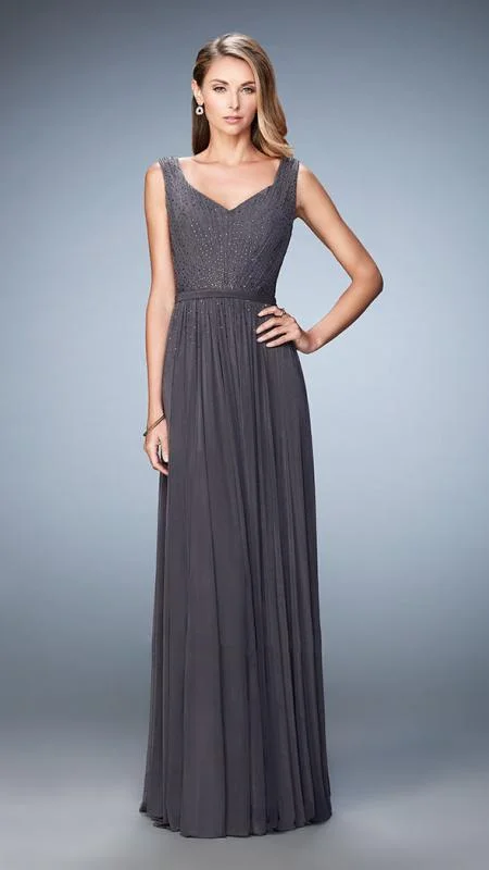 La Femme - 21624SC Beaded V-Neck A-Line Evening Dress Tunics Fashionable chic