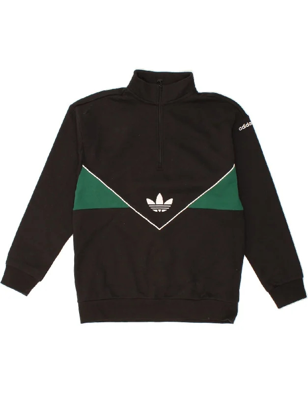 ADIDAS Womens Oversized Zip Neck Sweatshirt Jumper UK 4/6 XS Black Hoodie with Distressed Vintage Worn