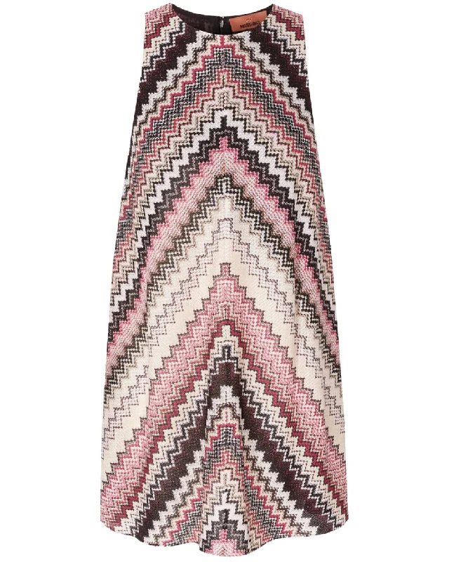 Pink and Beige Zig Zag Mini Dress Stylish Spaghetti Strap Mini Dress
