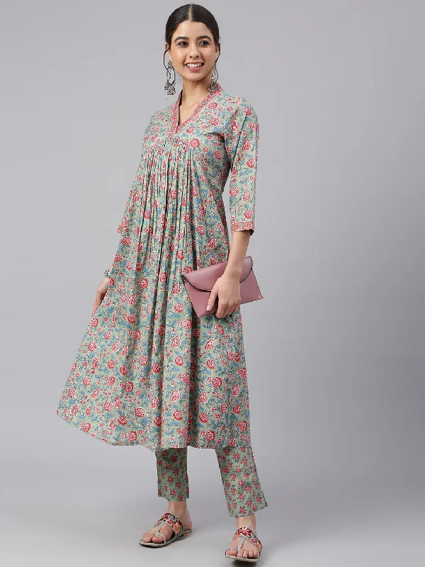 Women's Sea Green Cotton Floral Print Kurta With Pant - Janasya Comfortable Maternity Pants