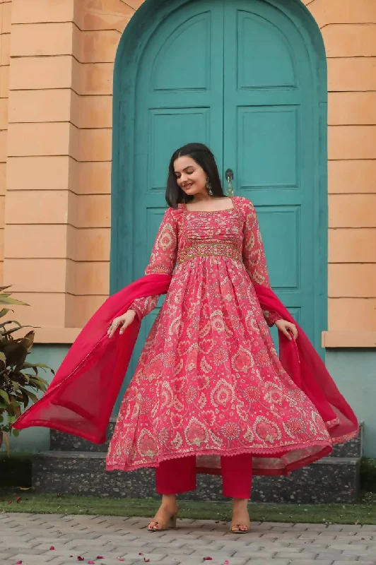 Preksha Creation Georgette Print And Full Lining With Printed Pant And Nazneen Dupatta With Embroidery Work - Red Classic Chino Pants