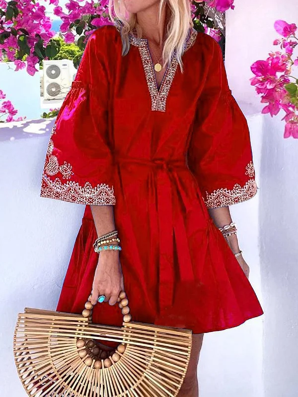 Women Bohemian V-Neck Embroidery Mini Dress Casual High-Waist Mini Dress