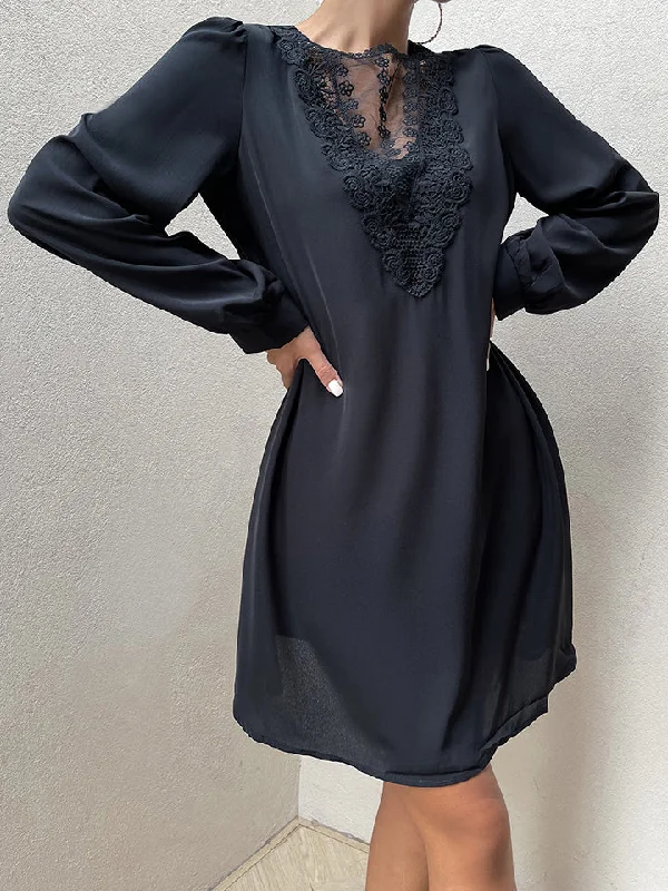 Spliced Lace Puff Sleeve Mini Dress Trendy Floral Mini Dress