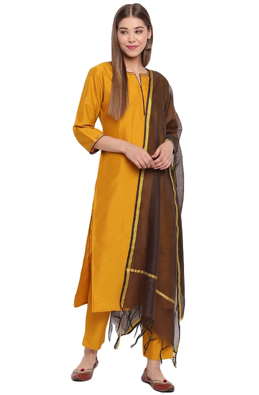 Women's Mustard Poly Silk Sequined Kurta With Pant And Dupatta - Manohara Cozy Lounge Pants