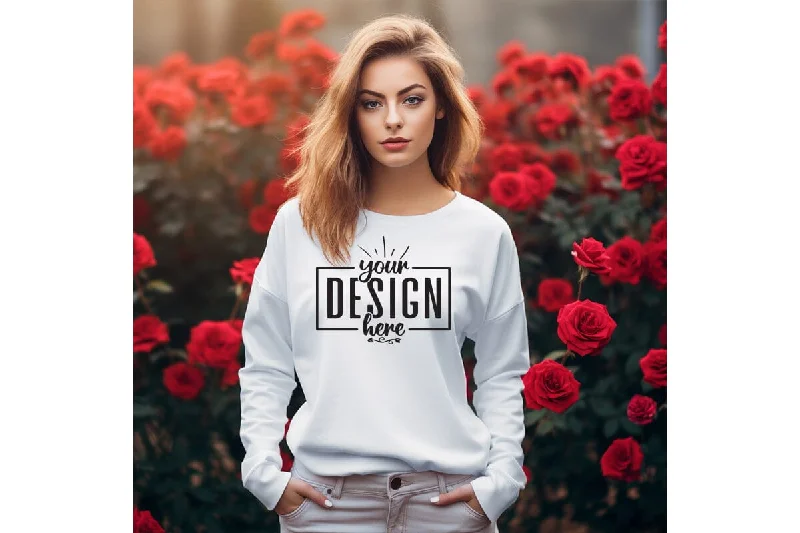 Gildan 18000 Woman White Sweatshirt Mockup Hoodie with Frayed Bohemian Relaxed