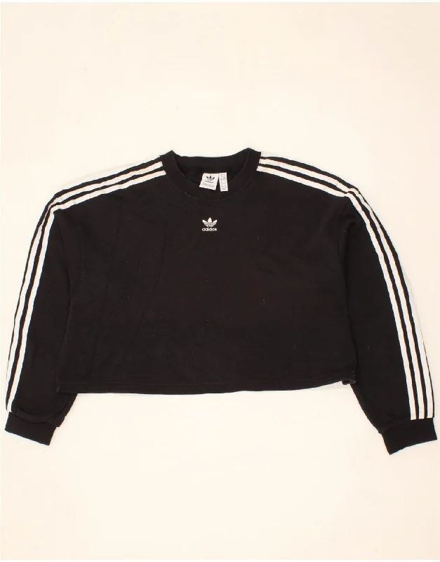 ADIDAS Womens Oversized Crop Sweatshirt Jumper UK 14 Medium Black Cotton Hoodie with Raglan Sleeves Sporty Comfortable