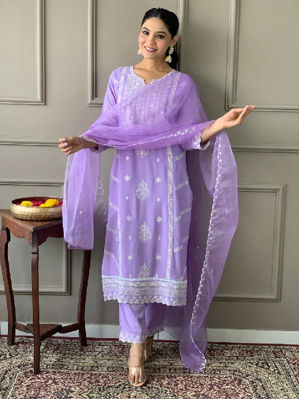 Women's Lavender Rayon Embroidered Kurta Pant With Organza Dupatta - N For Nari Formal Wide-Leg Pants