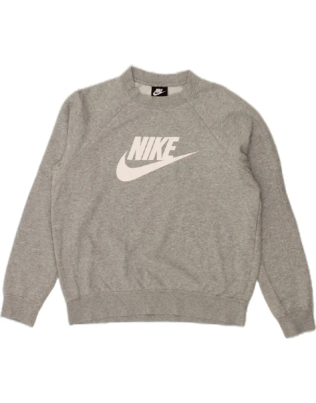 NIKE Womens Graphic Sweatshirt Jumper UK 14 Medium Grey Cotton Hoodie with Zipper Placket Modern Functional