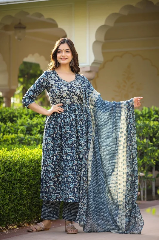 Women's Navy Blue Cotton Kurta Pant Set With Dupatta - Malishka Export Comfortable Jogger Trousers