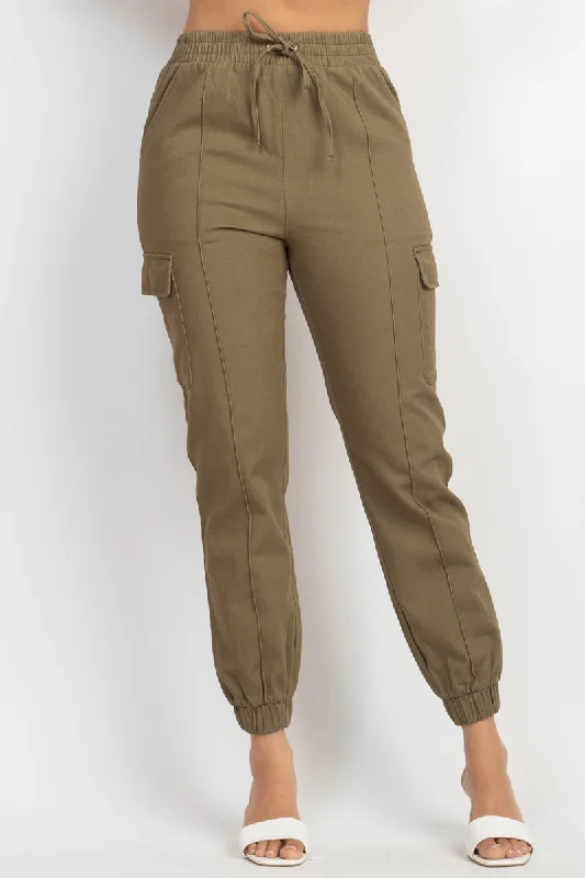 Solid High-rise Pocketed Jogger Pants Classic Bootcut Trousers