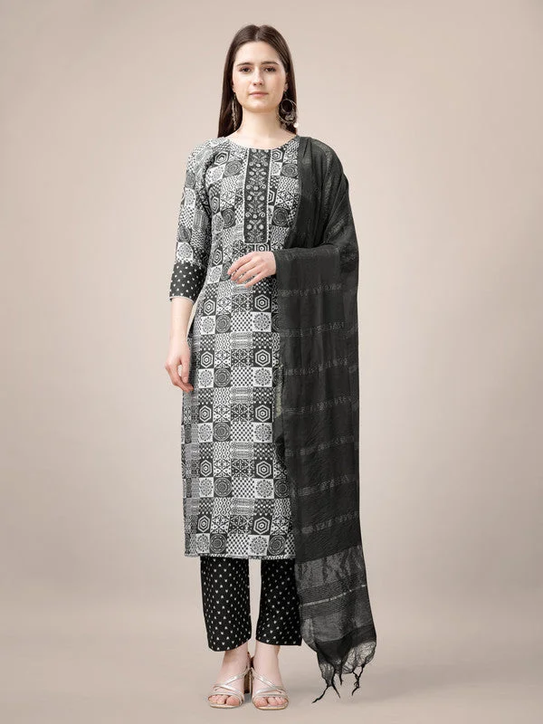 Malishka Women's Embroidered & Printed Black Rayon Kurta Pant Set Trendy Tapered Pants