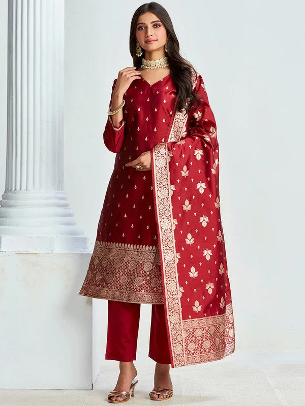 Malishka Women's Silk Jacquard Floral Maroon Kurta Pant Set With Dupatta Comfy Zip-Up Pants