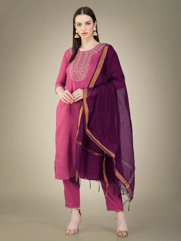 Women's Embroidered Cotton Blend Kurta Pant Dupatta Set - Malishka Export Soft Stretch Trousers