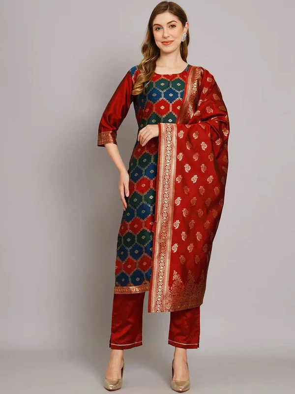 Malishka Women's Silk Jacquard Floral Red Kurta Pant Set With Dupatta Elegant High-Waist Pants