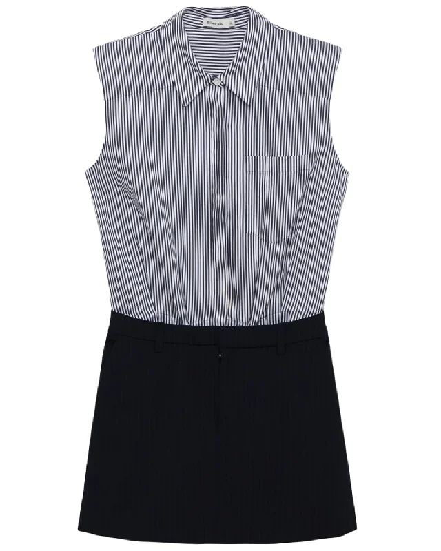 Midnight Pinstripe Sleeveless Graham Shirting Mini Dress Chic Pleated Mini Dress