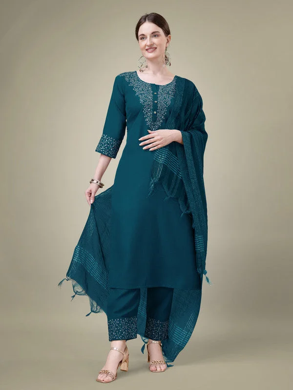 Women's Embroidered Morpichh Cotton Blend Kurta Pant Dupatta Set - Malishka Export Trendy Printed Pants