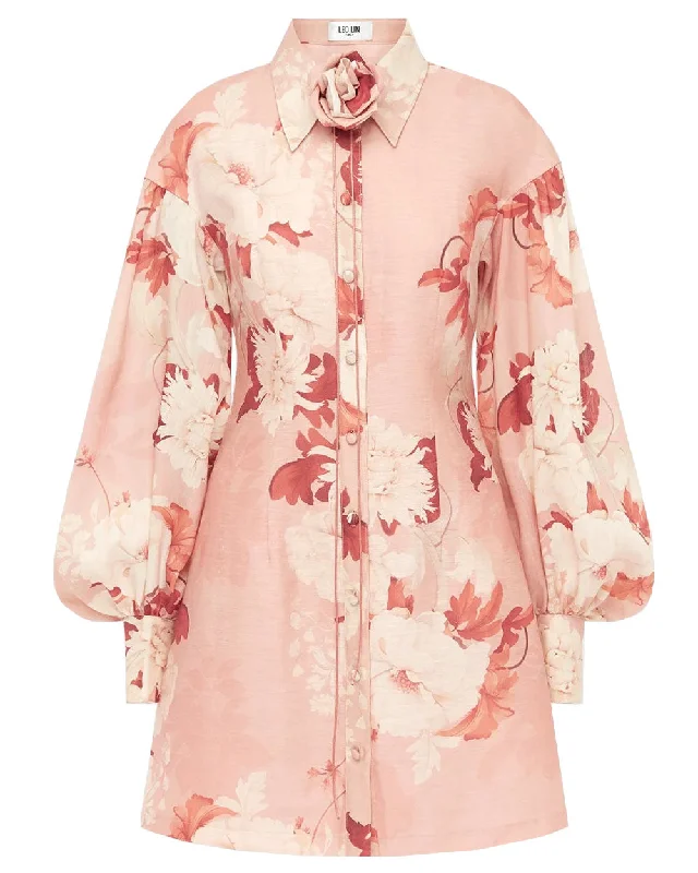 Peony Print Juliana Shirt Mini Dress Fashionable Pleated Mini Dress