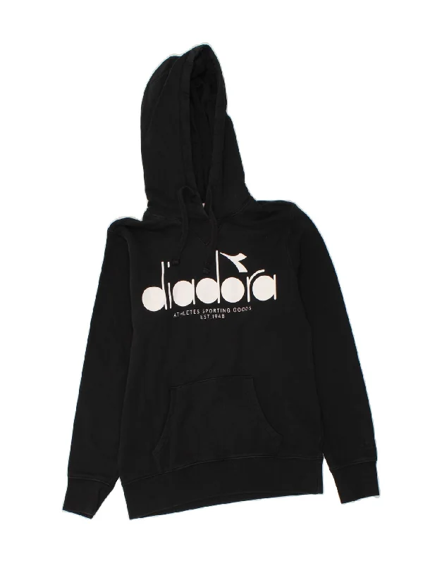 DIADORA Womens Graphic Hoodie Jumper UK 6 XS Black Cotton Hoodie with Distressed Vintage Worn