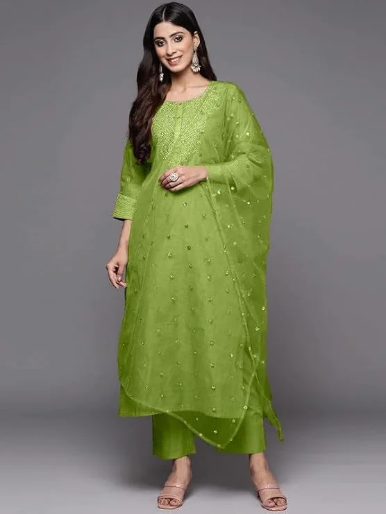 Malishka Women's Green Poly Silk Embroidery Kurta Pant Set With Dupatta Classic Pleated Pants