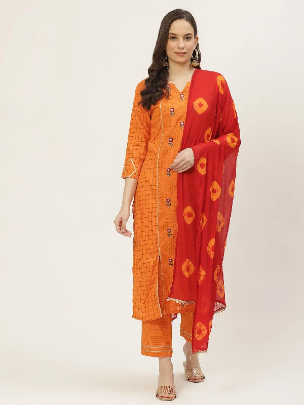 Women's Cotton Blend Kurta And Pant With Dupatta Set - VAABA Trendy High-Waist Trousers