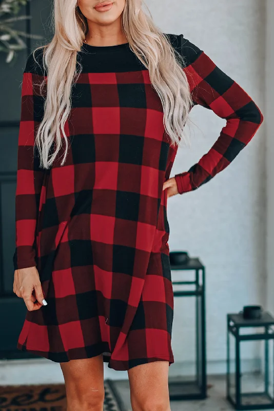 Plaid Round Neck Long Sleeve Mini Dress Comfortable Bodycon Mini Dress