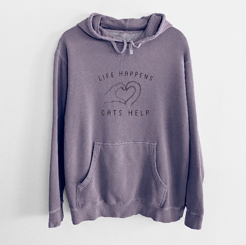 Life Happens Cats Help - Unisex Pigment Dyed Hoodie Hoodie with Hem Drawcord Adjustable Customizable