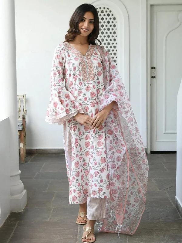 Women's White Floral Print Pure Cotton Kurta And Pant Set - Alvami Formal Wide-Leg Pants